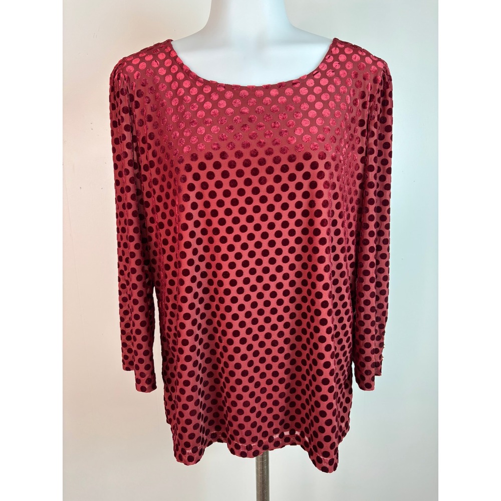 Talbots Blouse Large Red Polka Dot Velvet 3/4 Sleeve Top Stretch Women